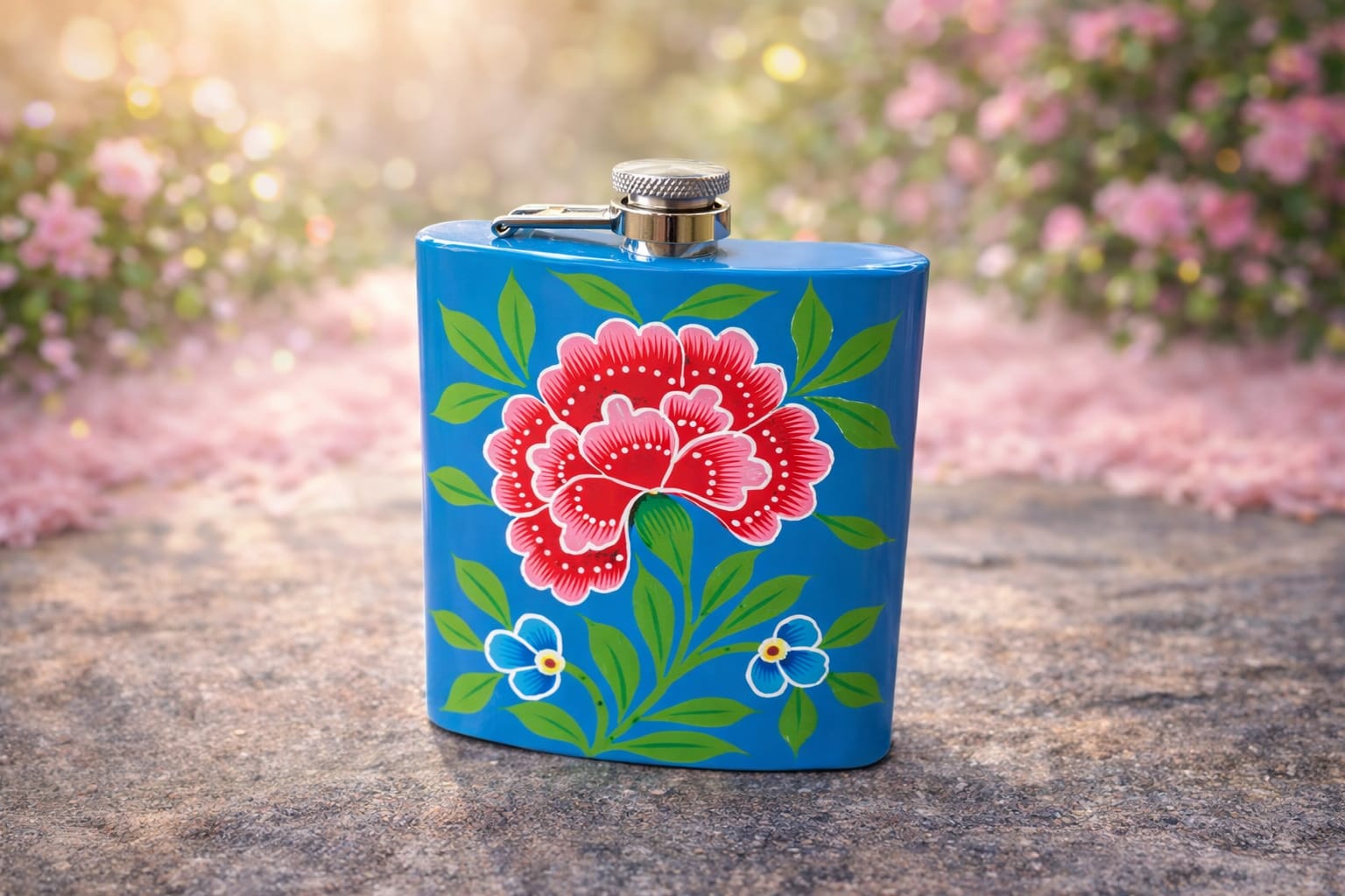 Stainless Steel Hip Flask, Hand Painted Hip Flask, Spring Meadow Stainless Steel Hip Flask ,Metal Hip Flask, Alcohol Flask,boho hip flask